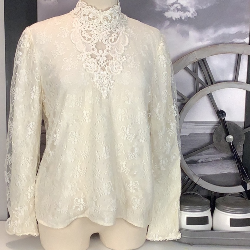 Vintage Scott McClintock Talbots Victorian Floral Cream High Neck Blouse Sz 14